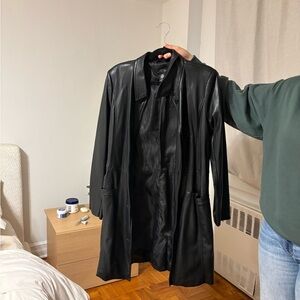 Black Leather Midi Coat - Women's Classic Trench